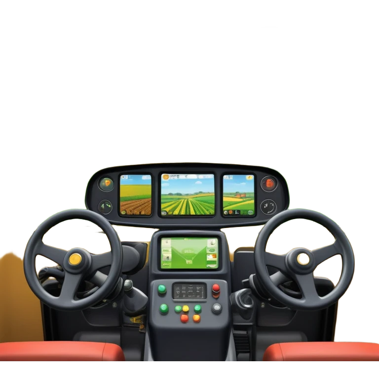 a view from the tractor cabin, with the dashboard in focus, overlooking a vibrant rural landscape. Inspired by Farming Simulator 22, the scene includes fields, crops, and distant barns under a bright sky. The design highlights the immersive experience of farm management. transparent background emoji