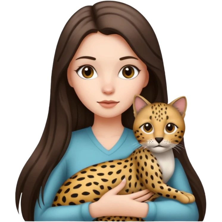 a white girl with brunette long straight hair holding a grey cat. the grey cat has black lines and cheeta prints in its fur. emoji