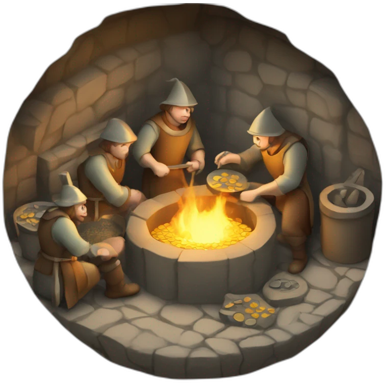 inside of a medieval mint showing different people working creating coins with a furnace emoji