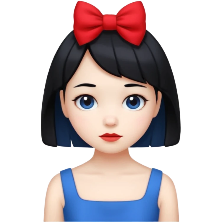 girl with white skin, short black hair, red bow, wearing a blue dress, cute and simple emoji