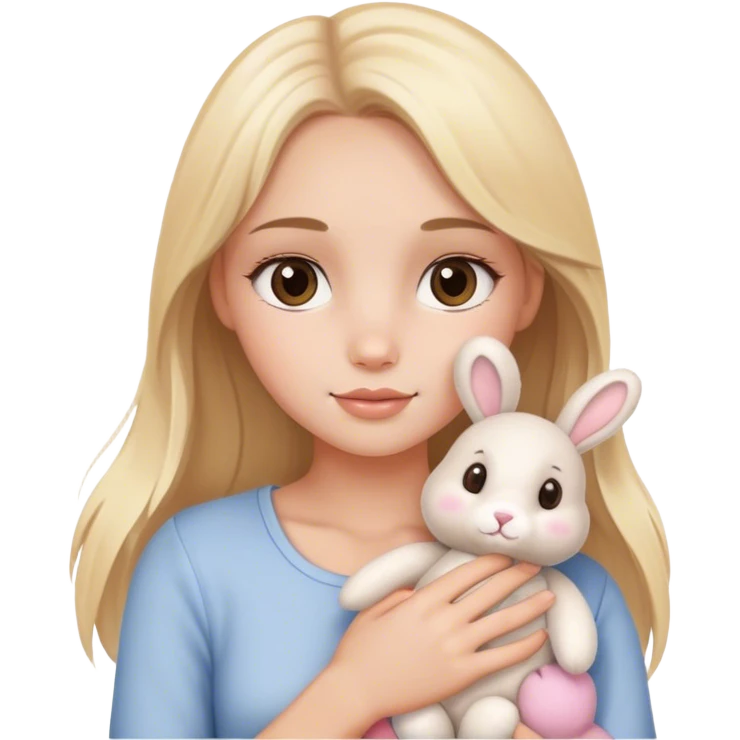 pretty blonde model with brown eyes cradling a  cute bunny stuffed animal plush emoji