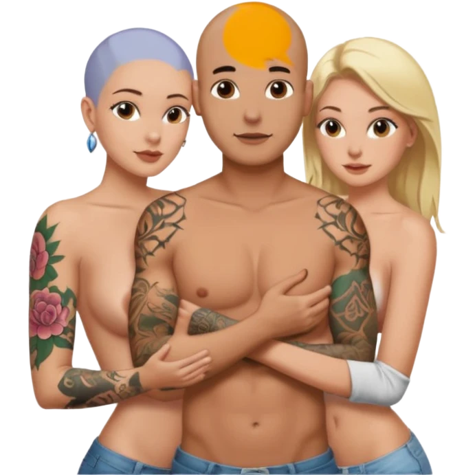 throuple tattooed sleeves bbald male with topless naked big boobed brunette and topless naked big boobed blonde girlfriends  lovingl  and sexy polygamy  emoji