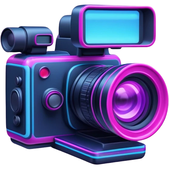 videographer's camera in pink and light blue colors, with neon glow lines, blue neon light on top left, purple neon light on bottom right emoji