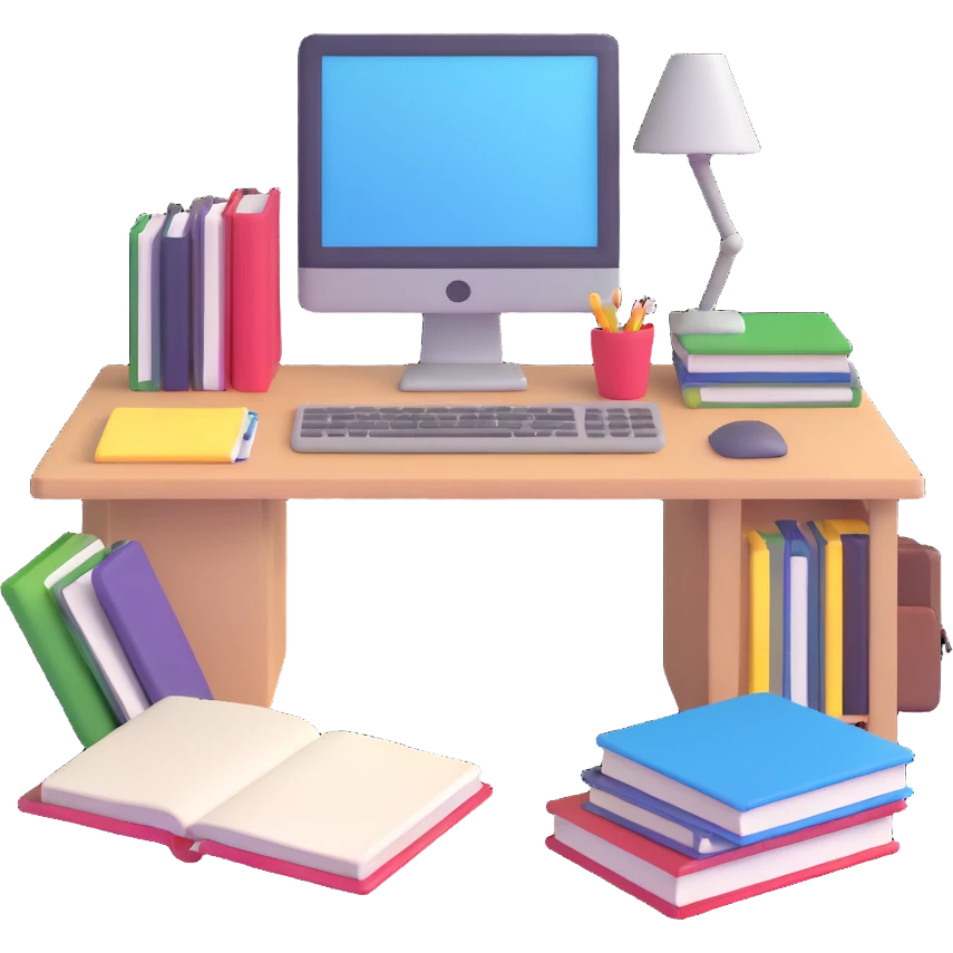 Computer on a desk with scattered books and notebooks emoji