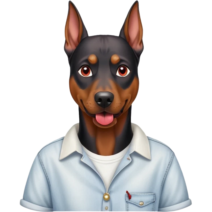 Generate a emoji of a big evil doberman dog with red eyes and a tongue sticking out, give the doberman a human body with a white shirt and baggy jeans, make the doberman have piercings emoji