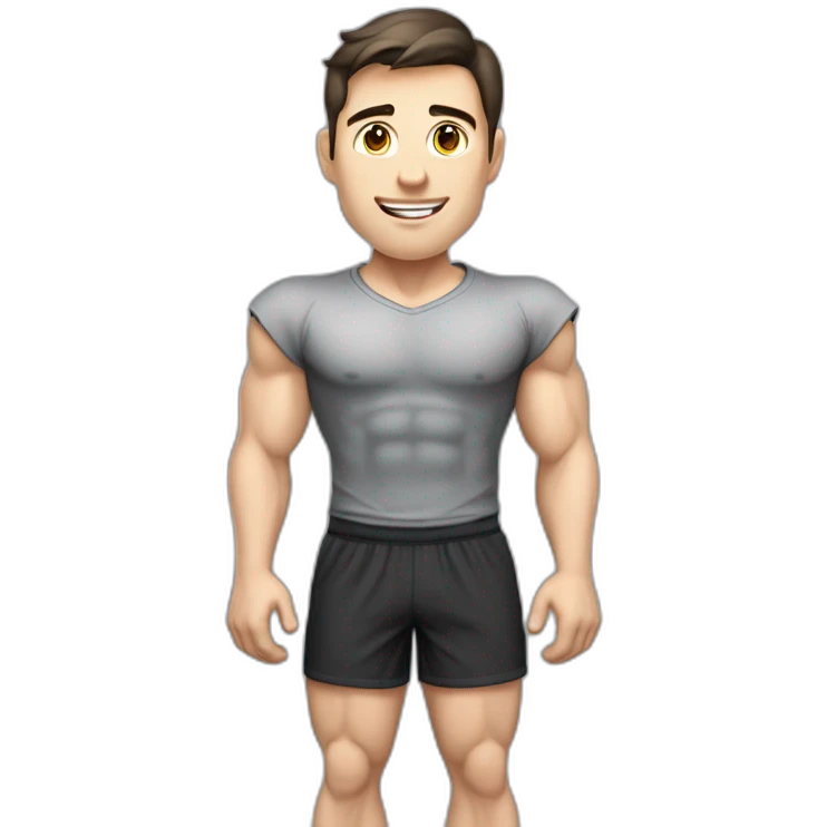 Pale skinned Fit Man With the biceps and dark brown hair in gray shirt, black sports shorts and white Sneakers Writing text on the flipchart emoji