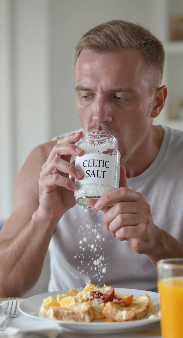 A MEDICAL ILLUSTRATION OF A REALISTIC human body holding a jar with "CELTIC SALT" written on the label, he throws it in his mouth DURING BREAKFAST emoji