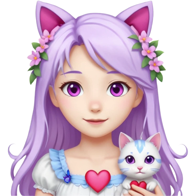 female anime character with pink eyes long white hair periwinkle highlights and cat ears on her head. She is wearing a white dress with purple flowers and butterfly. holding a heart emoji