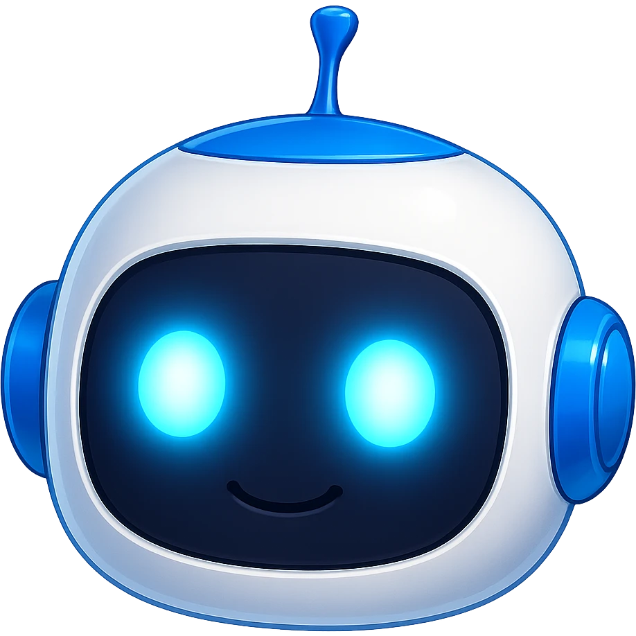 Robot head only, matching the style and colors of the reference robot (blue and white), head with normal shine, eyes extra bright and luminous, cute and friendly expression, no background, in the style of the reference robot. emoji