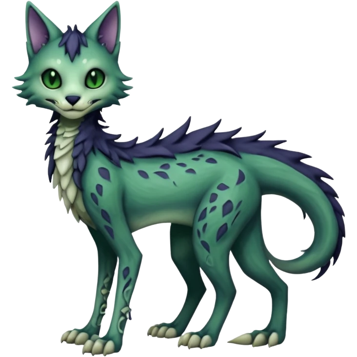 Kawaii spooky dark bleak blackish swampy white-skeletal gloomy ghostly dark greyish dark-deep-greenish foggy eldritch beautiful realistic edgy fantasy ghoul-like stitched feline-vernid-sergal-fursona animal creature with a tufted tail full body with intricate markings  emoji