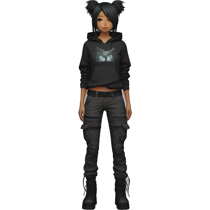 Edgy anthro beautiful pretty anime punk tomboy with cat ears techwear cargo pants hoodie emoji