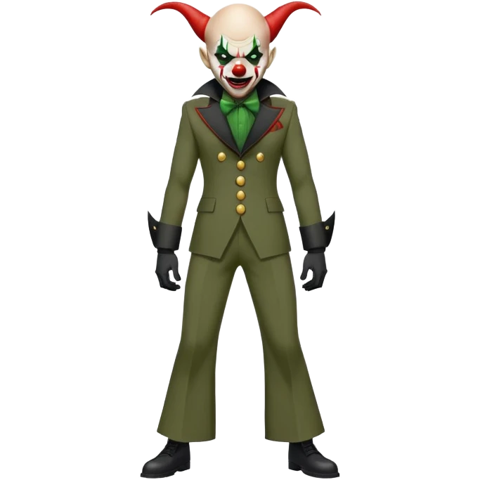 evil clown, bald, small black satan horns on forehead, fangs, pointed ears, black and military green leisure suit with bellbottom pants, realistically proportioned, less bulky, full body, battle-ready fighting posture emoji