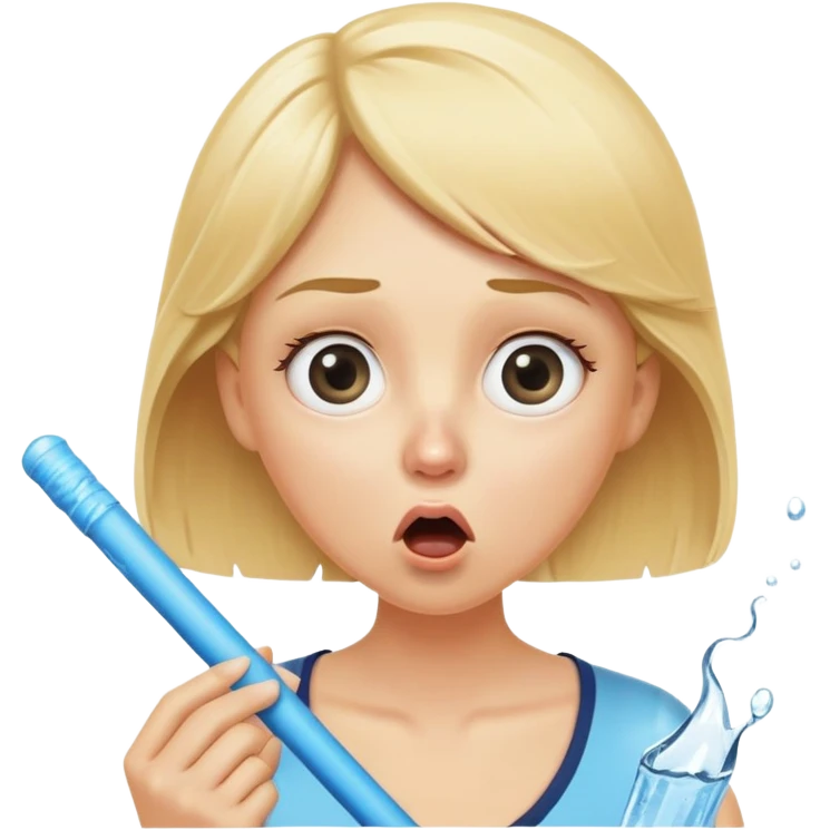 blond woman with wide eyes holding a wide skin-colored stick with a D-shaped knob, knob with skin texture, water squirting from flat side of knob into her mouth, shocked face emoji