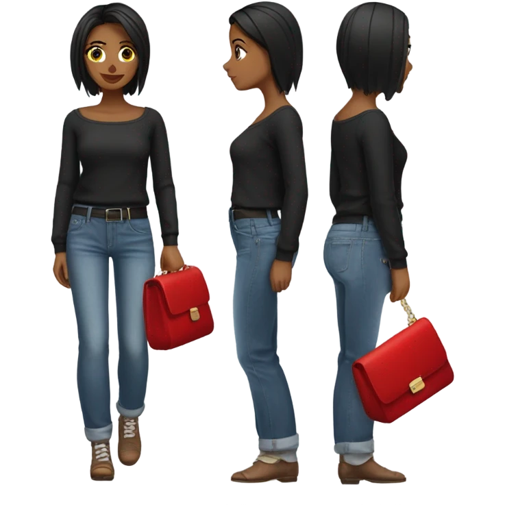 Stylish brunette girl with low rise baggy jeans white square neck top black sweater and red purse  emoji