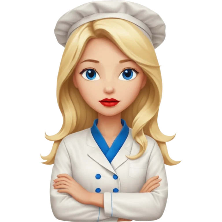 Beautiful, sexy,  long blonde hair, blue eyed, full red lips plunging v neck chefs coat, female chef arms folded  emoji
