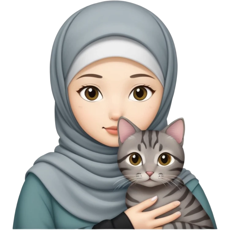 Asian White girl wearing hijab holding a black grey tabby cat emoji