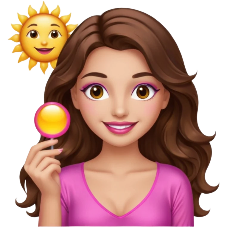 girl with long wavy brown hair, brown eyes, long lashes makeup, sexy pink lips, smiling, light to medium complexion, wearing a pink sexy silk top, holding the sun icon  emoji