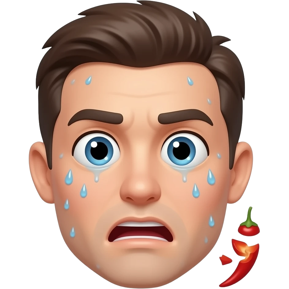 A glossy 3D peach emoji sticker with a shocked blushing face, shiny wet surface, cartoon slap mark, sweat drops, funny spicy reaction, clean transparent background, soft shadow, high quality, no text, no watermark, non-explicit emoji