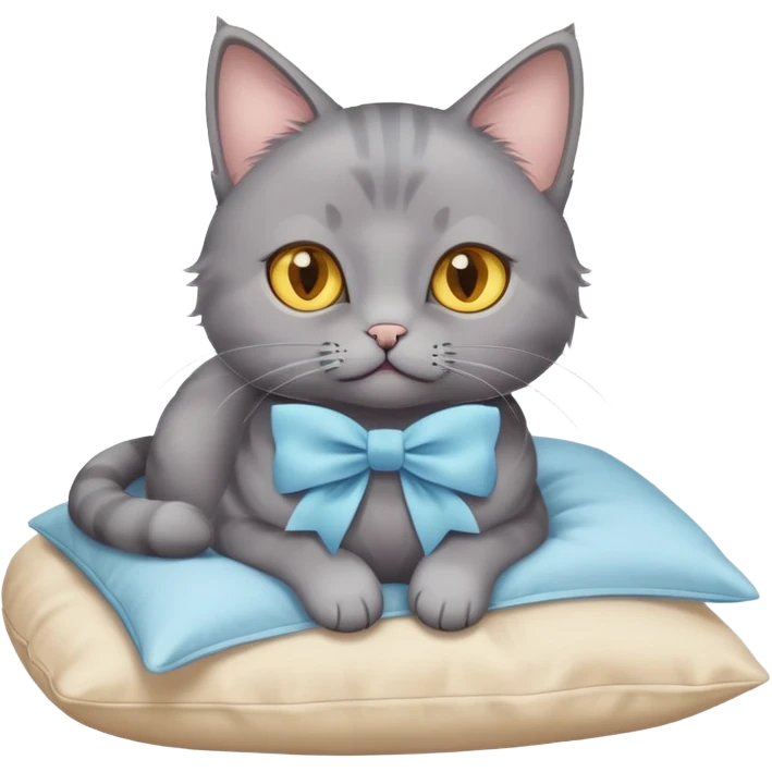 A grey cat with yellow eyes and a light blue bow sits on a beige pillow



 emoji