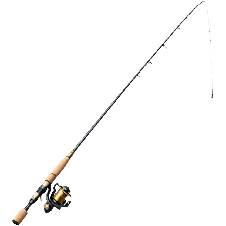 Cinematic Realistic Fishing Rod, sleek graphite rod with a smooth, polished reel, thin line disappearing into a shimmering lake, warm golden sunlight reflecting off the water, glowing with a tranquil and adventurous aura. emoji