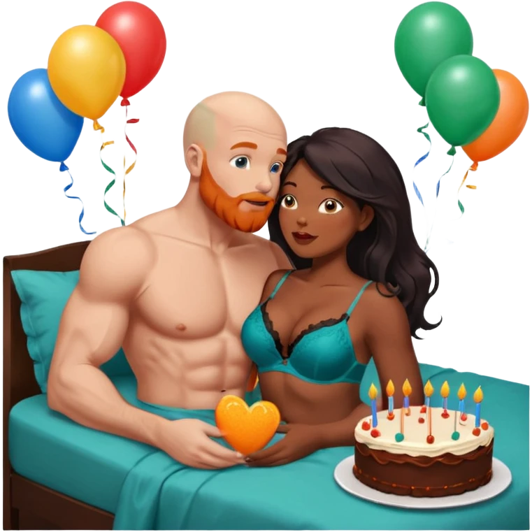 Muscular Bald white male who has a orange beard & blue eyes, passionate kissing curvy African American dark brown woman who has long brown/black hair wearing dark green lingerie Laying in bed with chocolate birthday cake & balloons, displaying tenderness, physical romance, pairbonding & affection emoji