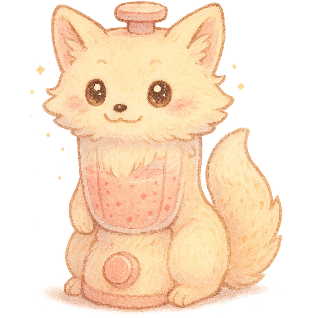 a blender transformed into a soft, fluffy fox with a transparent body and a fruity smoothie inside, sparkling eyes, pastel pink, full-body emoji