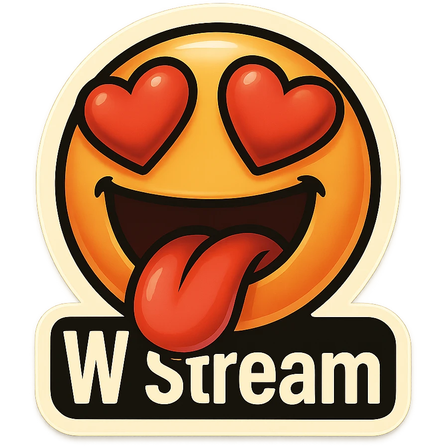 mouth open with tongue out heart shaped eye add the words “ W Stream " in White emoji