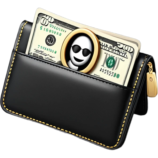 Rich emoji style black leather wallet with dollar bills, luxury money vibe, premium 3D emoji, ultra clean, high detail, no background
 emoji