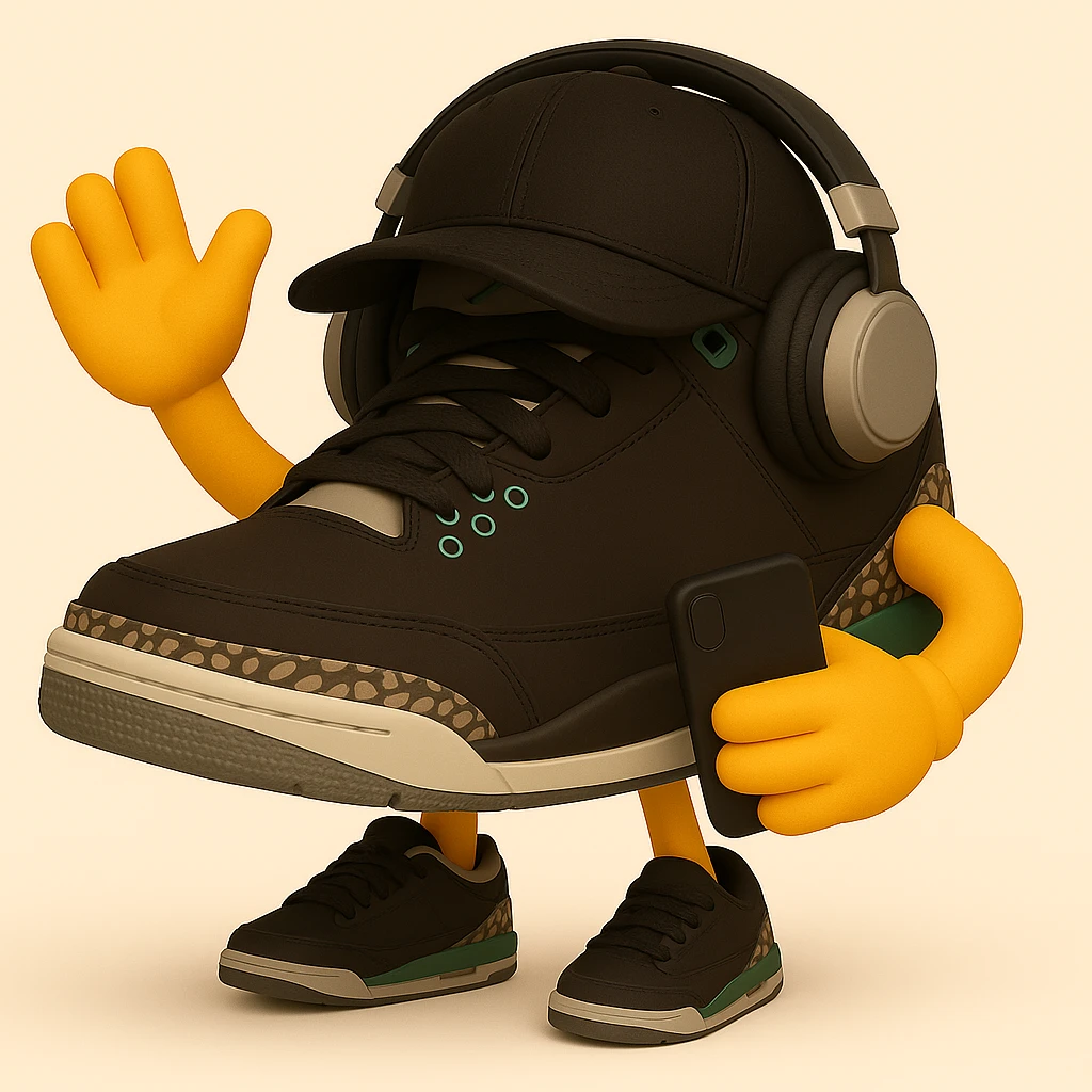 Add a fitted hat, headphones, and a cell phone as props to the sneaker character. Keep the arms and legs, no face, and maintain the waving pose. The style should resemble 3D emoji style as in the reference image. emoji