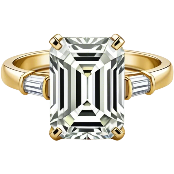 Single emerald cut colorless 5 carat diamond ring on a small gold band emoji