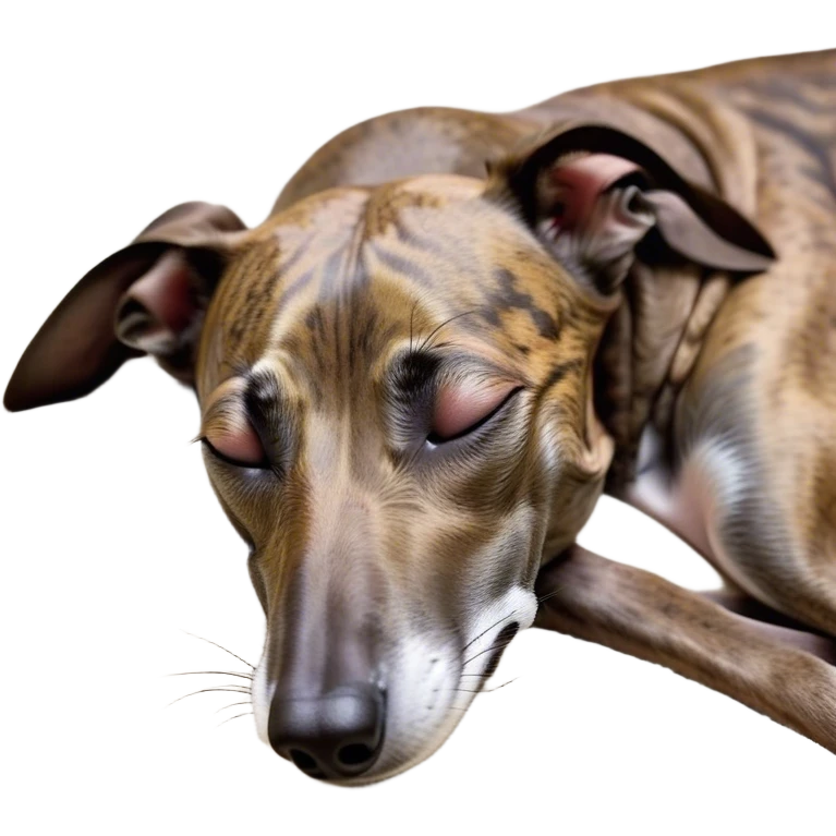 Meme-Worthy Cute Sleeping Brindle Greyhound Portrait Emoji, Head resting peacefully with a contented smile, showcasing a slender build and a luxuriously smooth brindle Fur, eyes shut in a serene nap, Simplified yet hilariously adorable features, highly detailed, glowing with a soft, drowsy light, high shine, relaxed and utterly lovable, stylized with an air of playful laziness, bright and heartwarming, soft glowing outline, capturing the essence of a comically sleepy racer, so meme-worthy it feels like it could instantly become the next viral sensation of adorable slumber! emoji