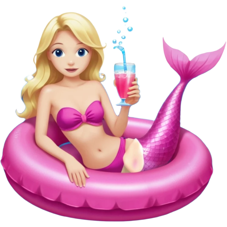 woman who is a mermaid with blonde hair and blue eyes sitting in a pink pool tube in a blue pool sipping a drink wearing a pink bikini top and a pink mermaid tail  emoji