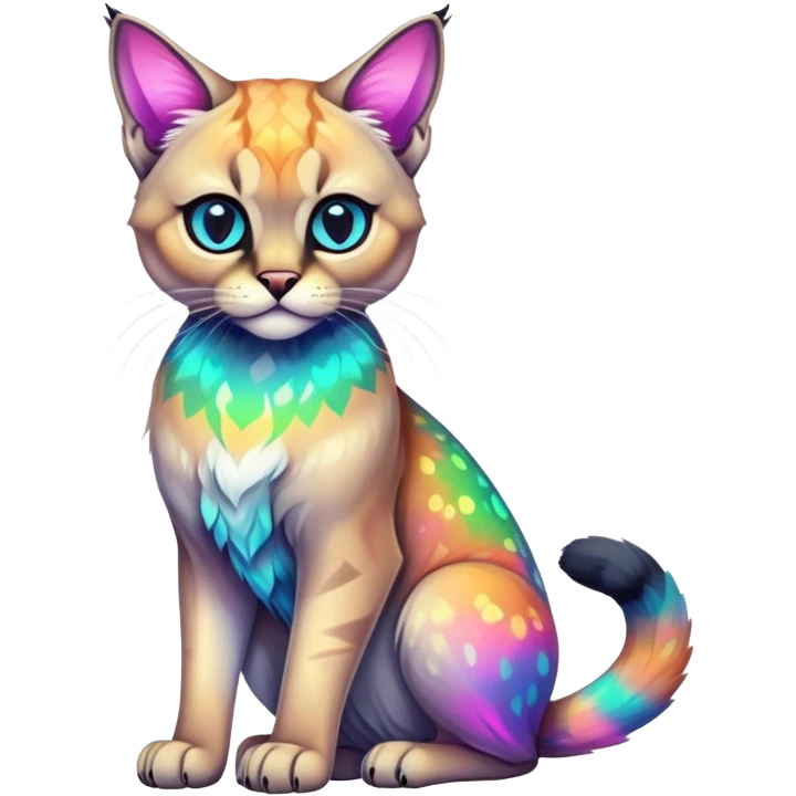 Colorful Neon Gothic exotic iridescent tropical shiny Fantasy-Siamese-Bobcat-Caracal-Scottish-Fold-feline-Fakémon-feline-hybrid (full body) emoji