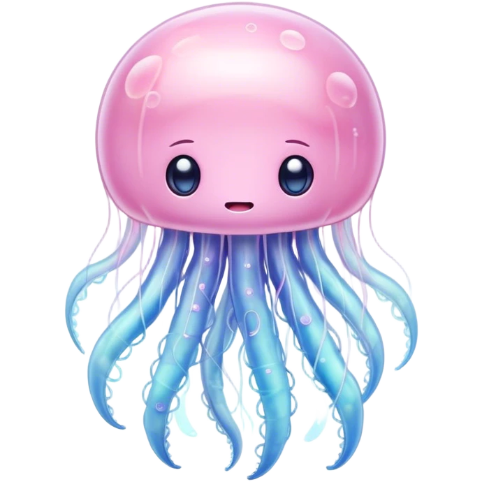 Cinematic floating kawaii jellyfish, tiny round body, soft glowing tentacles, pastel pink and blue hues, delicate sparkling highlights, dreamy and adorable. emoji