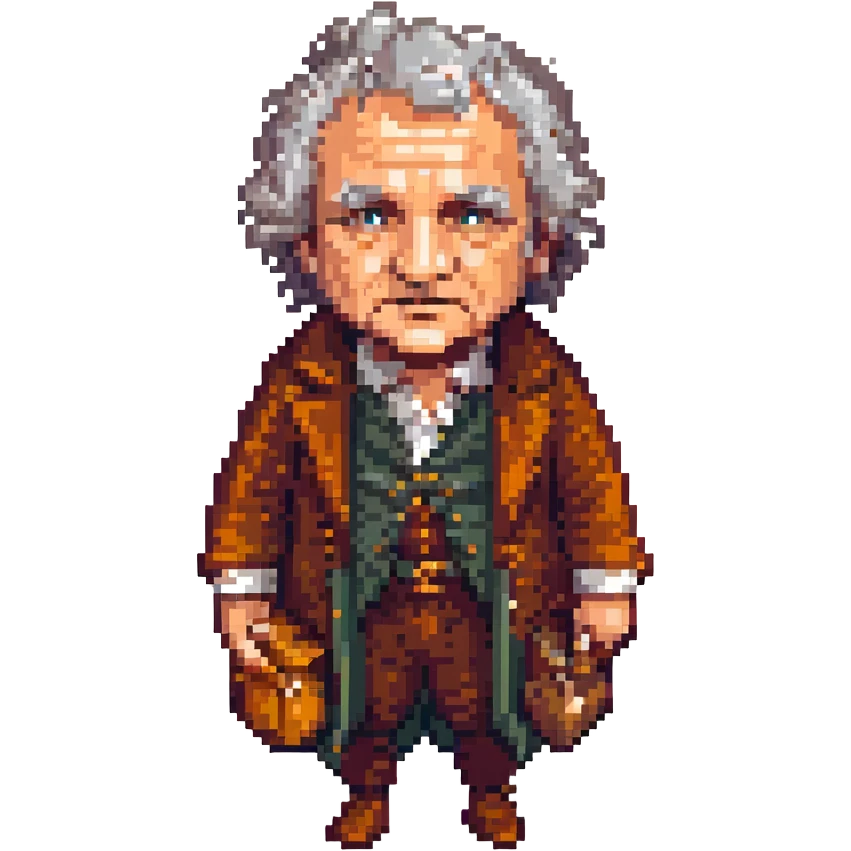 Whole body image of bilbo baggins from the lord of the rings the fellowship of the ring movie in pixel art style. Bilbo is old. Make Bilbo look like the actor that portrayed him in the movie, Ian Holm. emoji