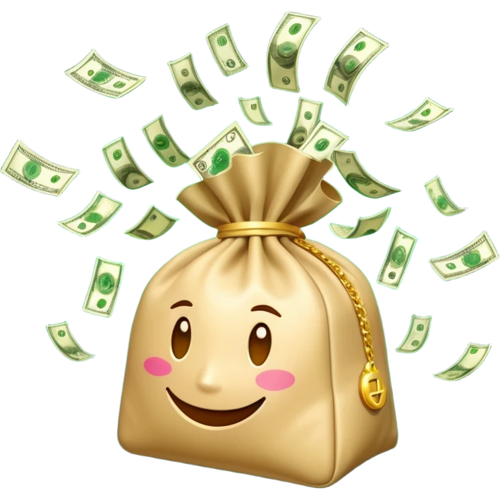 

3D emoji style, big bag of money, flying dollar bills, rich casino vibe, smooth lighting, high detail, clean edges, transparent background



 emoji