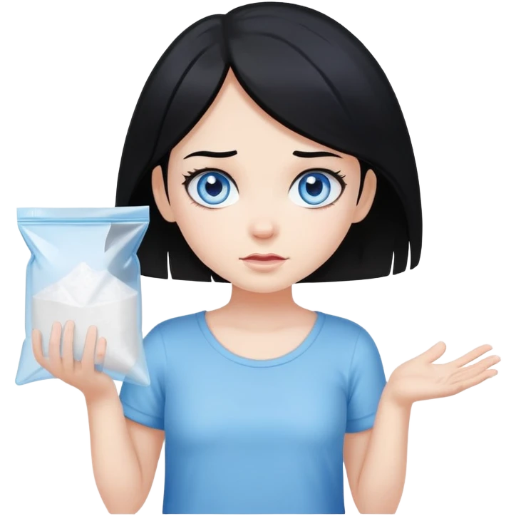 Black hair blue eye Girl shrugging holding a clear plastic bag with white powder emoji