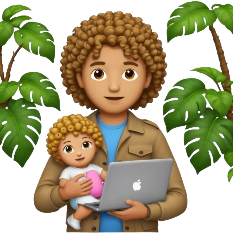 a guy with curly hair in the middle of the jungle holding a baby doll and a laptop, emoji style emoji