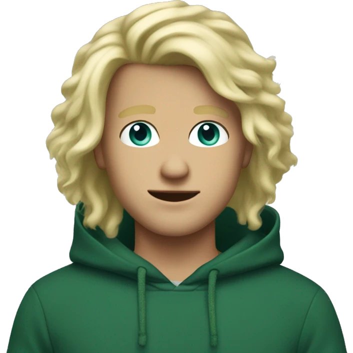 blonde hair blue eye guy with dark green hoodie and fluffy middle part hair emoji