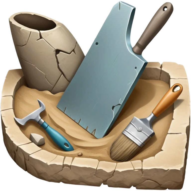 An icon showing an archaeologist’s tools: a trowel, brush, and a partially uncovered ancient artifact like a vase or tablet. The design includes a sandy excavation site with ruins in the background, symbolizing the discovery of past civilizations. Transparent background  emoji