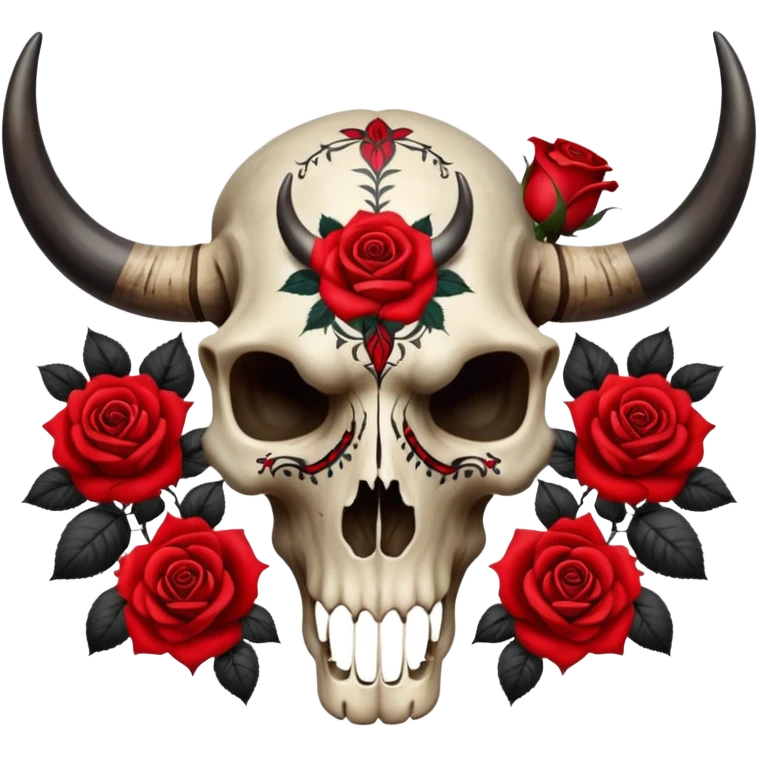 Aesthetic bull skull cranium with red roses, black painted tribal tattoo pattern markings  emoji