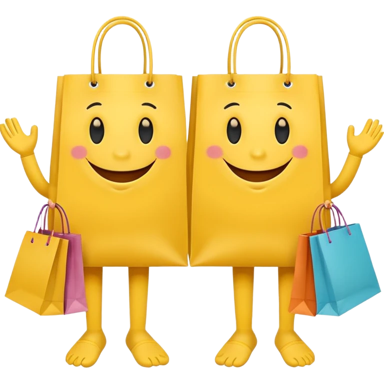 TWO HAPPY SMILEY FACES  WITH HANDS AND FEET WITH SHOPPING BAGS IN EACH HAND emoji