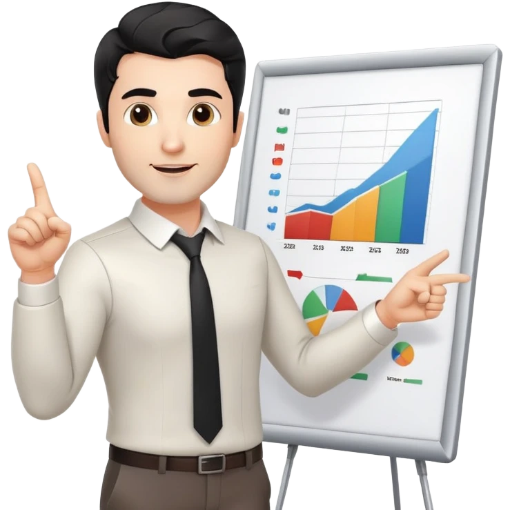 Professional 35-year-old man with black wavy hair, stubble, strong jawline, white skin tone, wearing smart casual business attire, standing and pointing at a presentation chart, teaching pose emoji