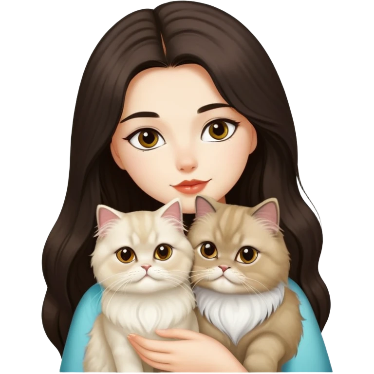 A pretty girl with long dark hair is kissing her light hair persian cat. emoji