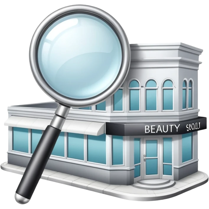 magnifying glass over a beauty salon building emoji