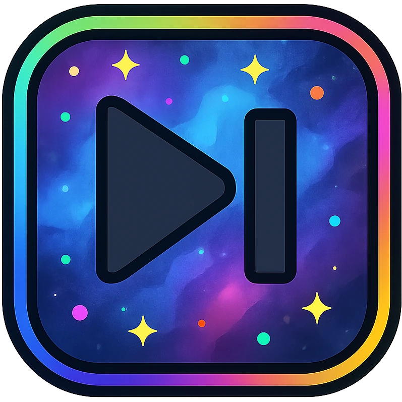 previous song icon with dark purples, blues, black base, neon glowing border, nebula gradients, small bright stars, subtle glow, specular highlights, luminous effect, accent colors cyan, pink, yellow, green, orange, consistent with media controls set emoji
