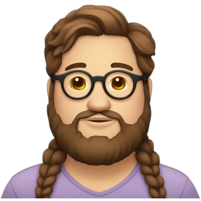 Chubby, non binary, round glasses, attached long brown hair, beard, sleepy smiling emoji
