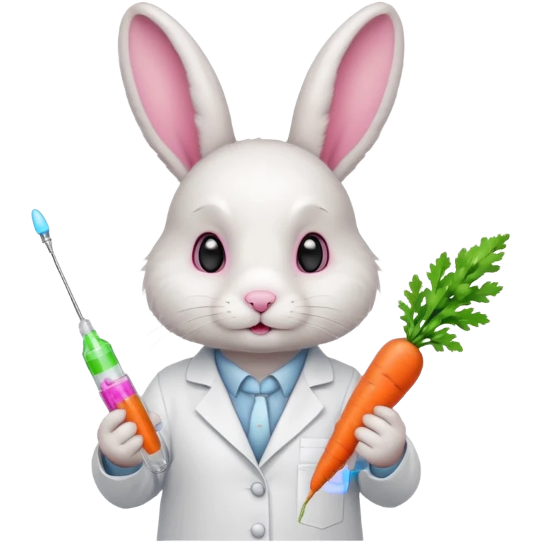​​White bunny in lab coat holding carrot syringe.







 emoji