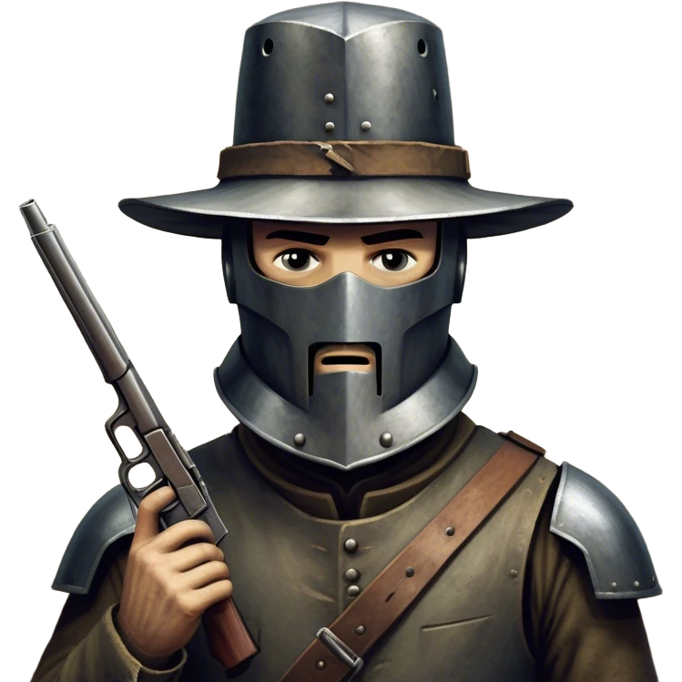 Cinematic Realistic Ned Kelly Portrait Emoji, depicted as the legendary Australian bushranger in his iconic homemade iron helmet and armor, gripping a revolver with a defiant stance. The scene is rendered with gritty textures and dramatic, shadowed lighting, evoking the lawless frontier and his rebellious, fearless legacy. emoji