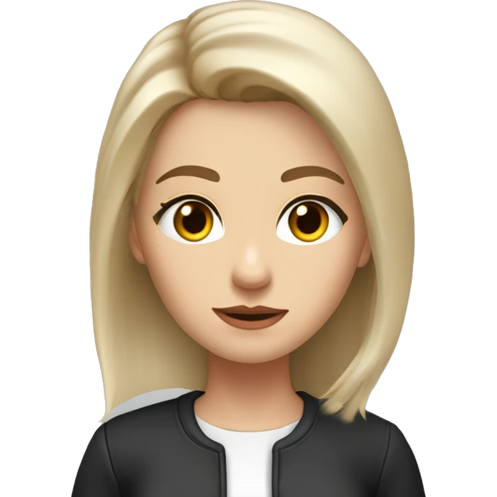 Slavic woman with blue eyes, eyes look up, fair skin, straight gradient medium length hair, eyes makeup, dressed in white T-shirt and office black jacket, one side of hair is tucked behind the ear. emoji